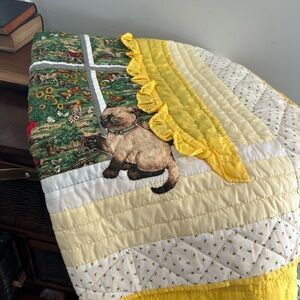 Handmade Yellow & White Cat-Country Themed Quilt textured ruffles 36x48 child